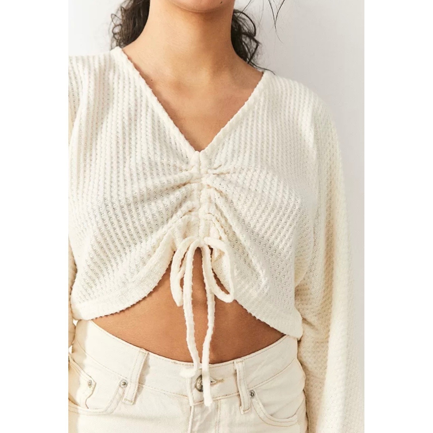 Out From Under Urban Outfitters Ivory Waffle Knit Cinched Cropped Top Medium
